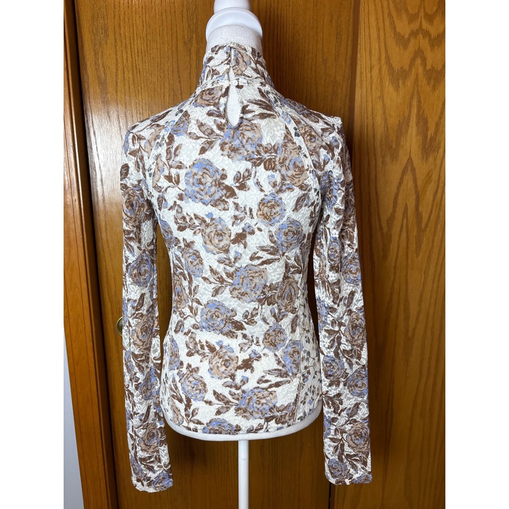 Free People Lyric Floral Lace Mock Neck Long Sleeve Top Brown Blue Rose Size M - Picture 6 of 11